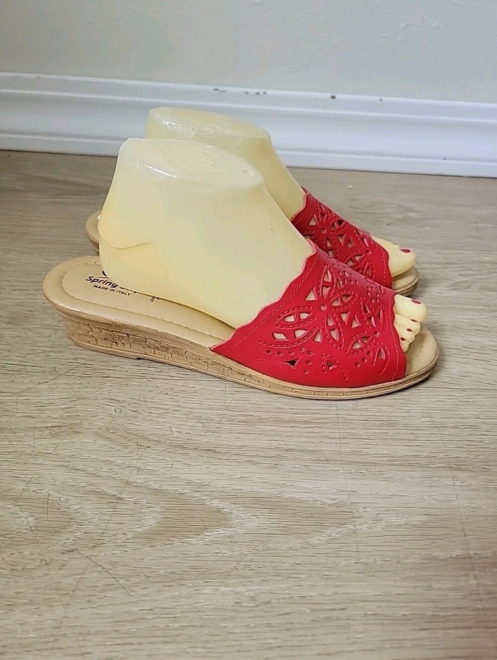 Spring Step Red Laser-Cut Leather Slide Mules Slides Slip On Sandals